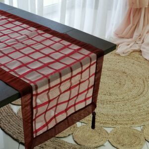 σετ καρώ κόκκινο από 2 καρέ, 1 τραβέρσα, και 2 πετσετάκια μεταξωτά